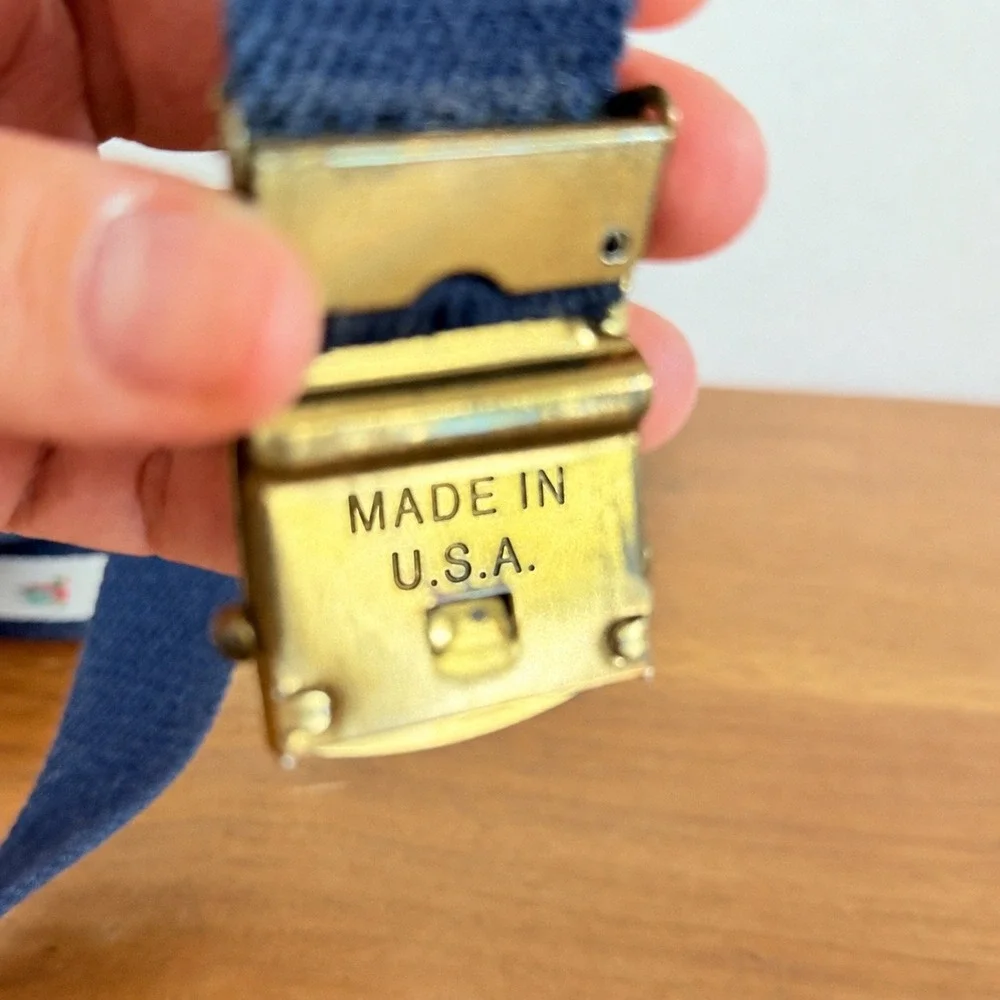 Vintage Mallard Duck Navy Blue Preppy Canvas Web Belt Brass Buckle Made in USA